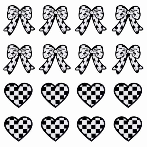 AHANDMAKER 16 Stück Bestickte Aufnäher Zum Aufbügeln In 2 Stilen Aufnäher Mit Stickerei Und Herz Und Schleifenlogos Im Tartan Stil Aufnäher Bestickte Applikationen Zum Aufnähen von AHANDMAKER