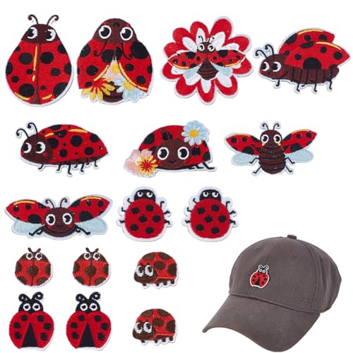 AHANDMAKER 16 Stück Marienkäfer Stickerei Aufnäher In 12 Stilen Niedliche Cartoon Aufnäher Zum Aufbügeln. Kleine Bestickte Patch Applikationen Zum Reparieren Und Dekorieren von AHANDMAKER