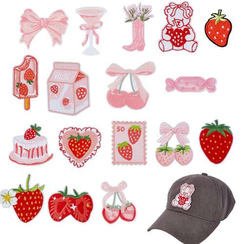 AHANDMAKER 17 Stile Erdbeer Stickerei Patches Rosa Rot Obst Kuchen Schleife Kirsche Bügelbild Niedlicher Reparaturflicken Zum Aufnähen Zum Selbernähen Für Schuhe Und Rucksäcke von AHANDMAKER