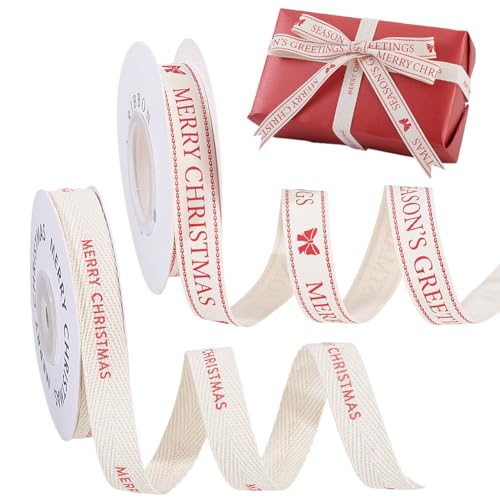 AHANDMAKER 18 m Natürliches Baumwollband 1.5 1.6cm (5/8 Zoll) Geblümtes Weißes Weihnachtsband Natürliches Köperband Baumwollband Zum Verpacken von Geschenken DIY Basteln von AHANDMAKER