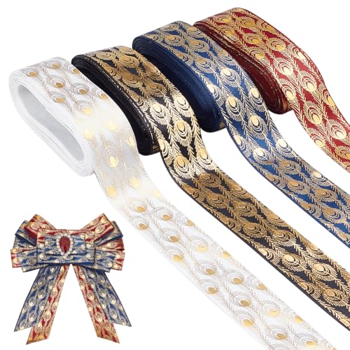 AHANDMAKER 20 Yards 4 Farben Pfauenfedern Druck Drahtband 1 Zoll Breite Glitzernde Dekorative Pfauenbänder Zum Verpacken von Geschenken Hochzeits Und Partydekorationen von AHANDMAKER