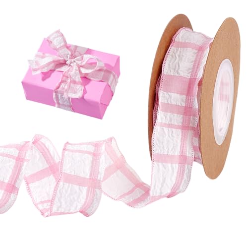 AHANDMAKER 20 Yards Chiffon Karoband Rosa Kariert Faltig Plissiert 25mm Breit Tartan Bänder Für Geschenkverpackungen Hochzeitseinladungen Blumensträuße Weihnachtsdekoration von AHANDMAKER
