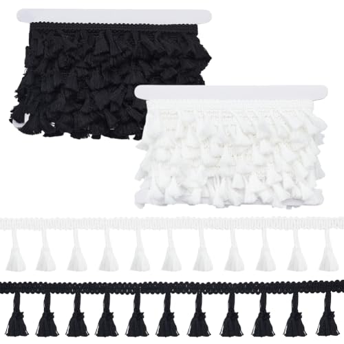 AHANDMAKER 20 Yards Fransen Spitzenbesatz 2 Farben Quastenbesatzband 1.7 Zoll Breites Baumwollstoffband Zum Nähen Basteln Kleidung Vorhänge Heimdekoration (Schwarz Weiß) von AHANDMAKER