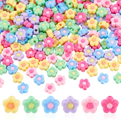 AHANDMAKER 200 Stück Zufällige Mehrfarbige Fünfblättrige Blumenperlen Acrylblumen Lose Abstandsperlen Zweifarbige Florale Undurchsichtige Perlen Für Die Schmuckherstellung Armbänder von AHANDMAKER