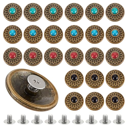 AHANDMAKER 24 Set Sonnenblumen-Dekorschnallen, 4 Farben 20mm Legierung Knöpfe Für Leder, Metall-Schraubknöpfe Mit Vintage-Leder-Schraubnieten, Imitierte Türkisfarbene Runde Knöpfe von AHANDMAKER