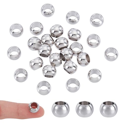 AHANDMAKER 25 Stück europäische Edelstahl-Perlen, 10 mm, runde runde Charm-Kappen, Perlen, glatt, großes Loch, lose Abstandshalter, Schiebeanhänger für DIY-Armbänder, Halsketten, Handwerk von AHANDMAKER