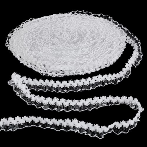 AHANDMAKER 25 m Elastische Rüschenspitze 0.6(1) cm Dehnbares Spitzenband Mit Schmalem Rüschenrand Wunderschöne Tüllbesätze Für Heimwerker Näharbeiten Bastelarbeiten Kissenbezugverzierungen Weiß von AHANDMAKER