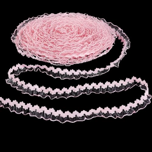 AHANDMAKER 25 m Elastische Rüschenspitze 0.6(1) cm Dehnbares Spitzenband Mit Schmalem Rüschenrand Wunderschöne Tüllbesätze Für Heimwerker Näharbeiten Bastelarbeiten Kissenbezugverzierungen Rosa von AHANDMAKER