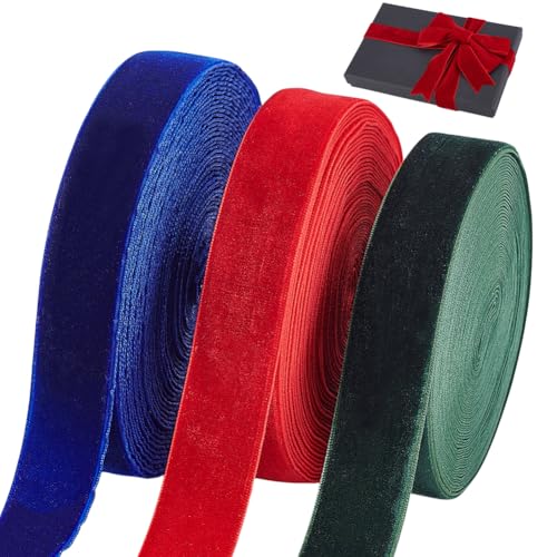 AHANDMAKER 3 Rolle 25mm (1 Zoll) Weihnachtssamtband Grün Blau Rot Einseitig Samtbänder 27 m Stoffband Zum Nähen Geschenkverpackungen Weihnachten Hochzeit von AHANDMAKER