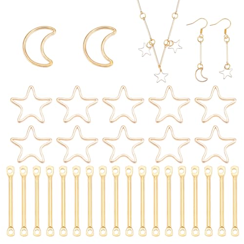 AHANDMAKER 30 Stück 3 Stile echte 14 Karat vergoldete Verbindungsringe, Messing-Stern- und Mond-Anhänger, 2-Loch-Stangenglieder, offene Lünetten für Armbänder, Halsketten, Bastelarbeiten von AHANDMAKER