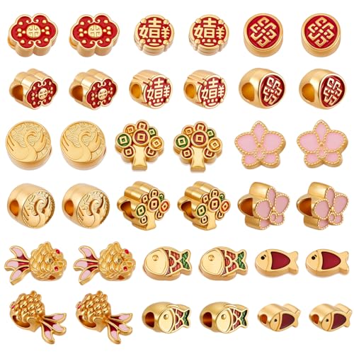 AHANDMAKER 36 Stück 9 Stile Gold Chinesische Perlen Große Loch Abstandsperlen 7~10mm Metall Emaille Europäische Perle Für DIY Schmuck Basteln Armbänder Halsketten von AHANDMAKER