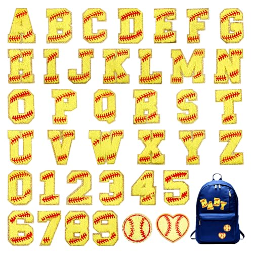 AHANDMAKER 38 Stück Buchstaben Aufnäher Ball Softball Aufnäher Zum Aufbügeln Chenille Aufnäher Goldener Baseball Stil Bestickte Aufnäher Für Kleidung Rucksack Mützen Hemden DIY Zubehör von AHANDMAKER