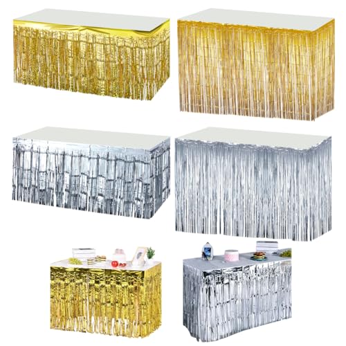 AHANDMAKER 4 Packung Lametta Tischröcke Mit Metallic Folienfransen Für Rechteckige Tische Glänzendes Lametta Banner In 2 Größe Für Hochzeitswagen Karnevalsparty (Silber Und Gold) von AHANDMAKER