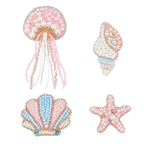 AHANDMAKER 4 Stück 4 Stile Perlen Patch Rosa Qualle Muschel Muscheln Seestern Patches Applikationen Dekorativer Aufnäher Für Kleidung Taschen Hosen Schuhe Hüte DIY Geschenk von AHANDMAKER