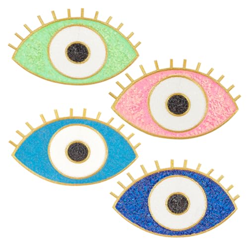 AHANDMAKER 4 Stück Evil Eye Aufnäher Zum Aufbügeln Für Kleidung, 4 Farben Auge Bestickter Applikationsaufnäher Zum Aufbügeln/Aufnähen Für Kleidung, Jacken, Taschen, Stickerei, Bekleidungszubehör von AHANDMAKER