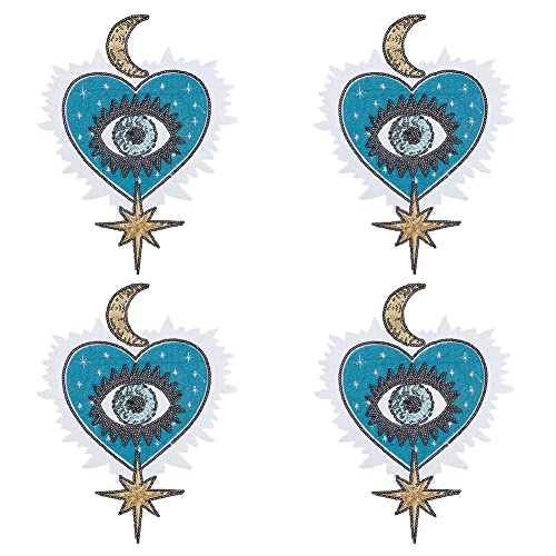 AHANDMAKER 4 Stück Große Augen-Perlen-Patches Für Kleidung, Herzblauer Evil Eye Pailletten-Patch Mit Mondstern Zum Aufnähen von Perlenapplikationen Für Kleidung, Jacken, Jeans, Taschen, Stickerei von AHANDMAKER