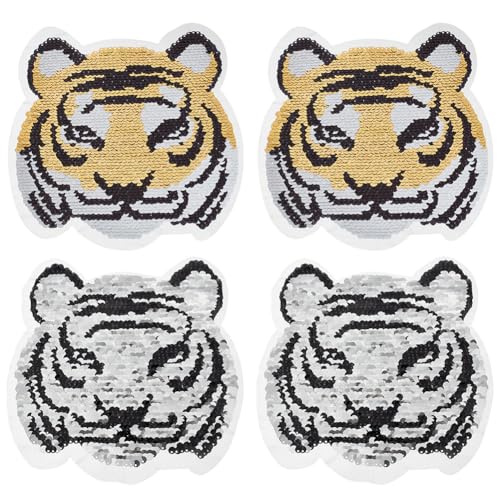 AHANDMAKER 4 Stück Reversible Pailletten-Tiger-Aufnäher, Tiger-Pailletten-Applikation Zum Aufnähen, Tigergesicht Wechselnder Aufnäher DIY Glitzernder Tiger-Aufnäher Für Kleidung, Jacken, Taschen von AHANDMAKER