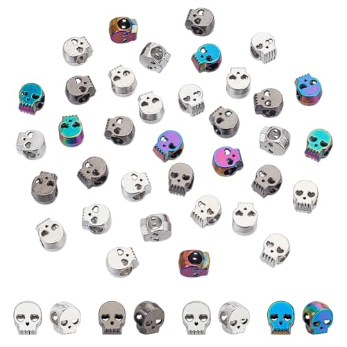 AHANDMAKER 40 Stück 4 Farben Totenkopf-Perlen, makroporöses Metall, kleines Armband, Charm, Halloween, Skelett, Abstandshalter, tibetischer Stil, Legierung, europäisches Perlenzubehör mit großem Loch von AHANDMAKER