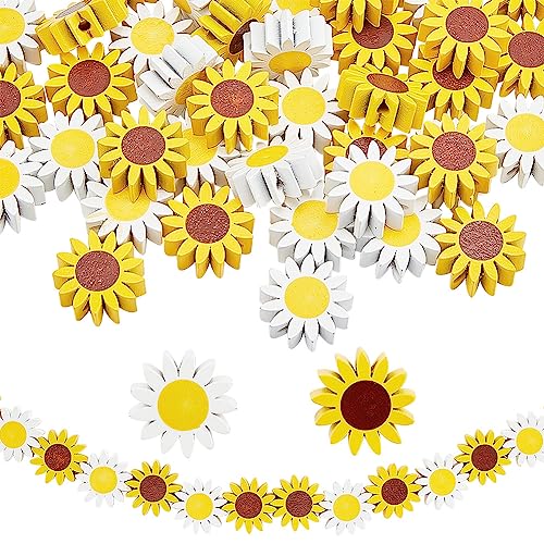 AHANDMAKER 40 Stück Sonnenblumen-Holzperlen, 2 Farben, flache Blumenförmige Perlen, Holz-Sonnenblumen-Gänseblümchen-Abstandshalter, gefärbte Sonnenblumengirlande, Gänseblümchen-Perlen für von AHANDMAKER