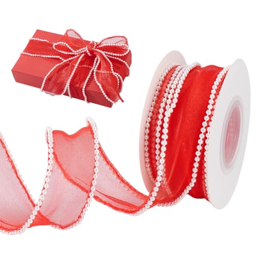 AHANDMAKER 5 Yards Perlen Fischschwanz Chiffon Geschenkbänder 40mm Breit Organza Spitzenband Perlenbesatz Zum Verpacken von Geschenken Blumensträußen Hochzeitsfeier Dekoration Rot von AHANDMAKER