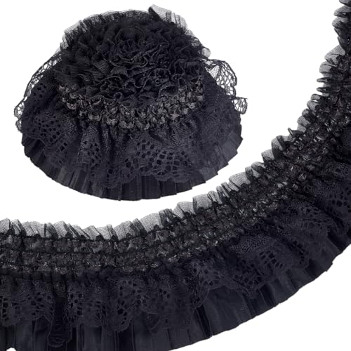 AHANDMAKER 5.5 Yards Elastischer Rüschenbesatz 3 Zoll Breit Doppellagiges Plissiertes Spitzenband Gewellter Rand Spitzenbesatz Zum Nähen Basteln Partykleid Stoff Heimwerkerbedarf Schwarz von AHANDMAKER