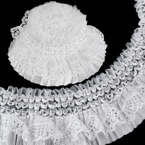 AHANDMAKER 5.5 Yards Elastischer Rüschenbesatz 3 Zoll Breit Doppellagiges Plissiertes Spitzenband Gewellter Rand Spitzenbesatz Zum Nähen Basteln Partykleid Stoff Heimwerkerbedarf Weiß von AHANDMAKER