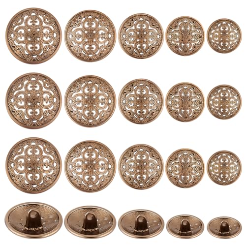 AHANDMAKER 50 Stück Runde Metallösenknöpfe, 5 Stile, Hohle Blumen, Mantelknöpfe, Jackenknöpfe, 1-Loch-Nähknöpfe, Anzugknöpfe-Set, Kaffee, 15~25 mm von AHANDMAKER