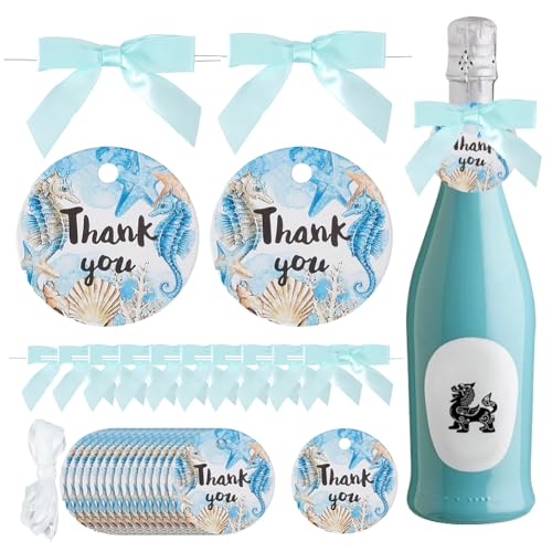 AHANDMAKER 50 x Dankeschön Geschenkanhänger. 1.7 Zoll Pop Flaschenanhänger Mit Blauen Schleifen Und Weißem Band Hängeetiketten Mit Vorgestanzten Löchern Für Geschenkpapier Für Weingläser von AHANDMAKER
