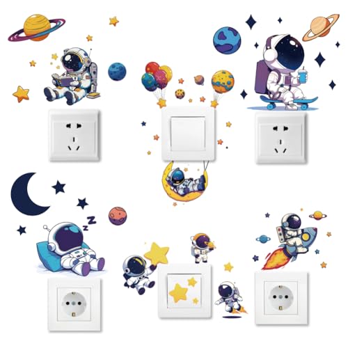 AHANDMAKER 6 Arten von Astronauten Schalteraufklebern Wandaufkleber Mit Weltraum Und Planetenmotiv Mondlichtschalter Aufkleber Für Lichtschalter Decken Und Wandleiste Schlafzimmer Wohnzimmer von AHANDMAKER