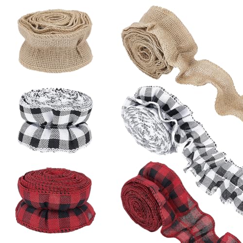 AHANDMAKER 6 Rolle Gerüschtes Sackleinenband 3 Stile Weihnachtsbaumband 2(6) cm Breit Rot Und Schwarz Kariertes Sackleinen Für Weihnachtsbaum Geschenkverpackung Basteln Dekoration von AHANDMAKER
