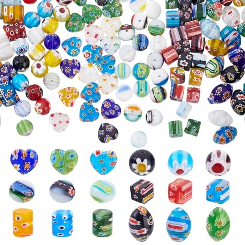 AHANDMAKER 6 Stil Verschiedene Millefiori Blumenglasperlen 120 Stück Würfel Herz Runde Lampwork Perlen 7 14mm Lose Abstandsperlen Für Die Herstellung von Halsketten Und Schmuck von AHANDMAKER