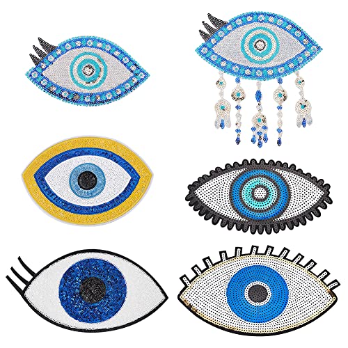 AHANDMAKER 6 Stück große Augen Perlen Patches für Kleidung, Blue Evil Eye Pailletten Patch Eisen Nähen auf Strass Perlen Applikationen für Kleidung Jacken Jean Taschen Stickerei Kleidungsstück Zubehör von AHANDMAKER