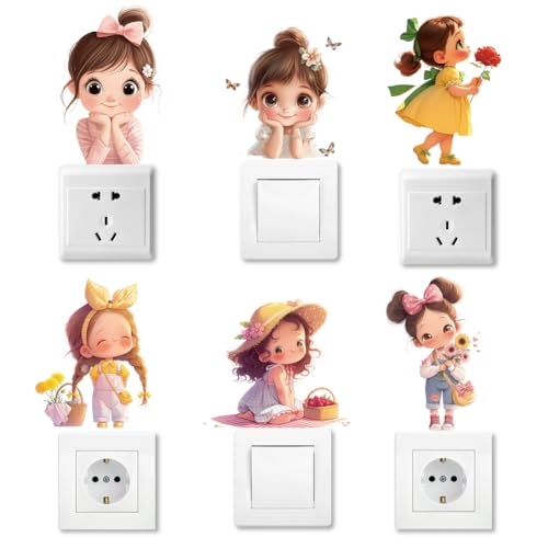 AHANDMAKER 6 x Niedlicher Lichtschalter Aufkleber Mit Cartoon Motiv. 7x7 Zoll Cartoon Charakter Mit Bunten Blumen Wandaufkleber Lichtschalter Aufkleber Für Büro Home Decor von AHANDMAKER