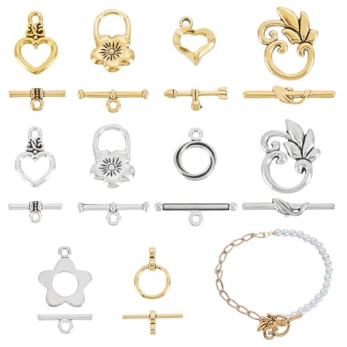 AHANDMAKER 60 Set 10 Stile Knebelverschluss Ring Knebelverbinder Im Tibetischen Stil Herz/Blatt/Ring/Blumenformen T Bar Endverschlüsse Für Die Herstellung von DIY Armbändern Und Schmuck von AHANDMAKER