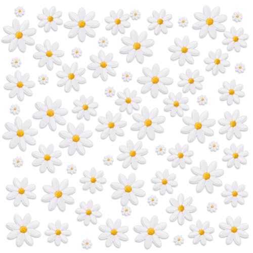 AHANDMAKER 60 Stück 4 Größen Gänseblümchen Blumen Aufnäher Zum Aufbügeln Dekorative Applikation Bestickter Blumen Reparaturflicken Für Kleidung Rucksäcke Jeans Jacken DIY Handwerk von AHANDMAKER