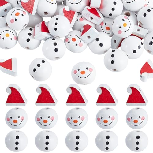 AHANDMAKER 60 Stück Weihnachts-Holzperlen, Schneemann-Hut-Form, große Lochperlen, Winter-Thema, lose Holzperlen für Schmuckherstellung, Basteln, Weihnachtsbaum, Zuhause, Urlaub, Party-Dekorationen von AHANDMAKER