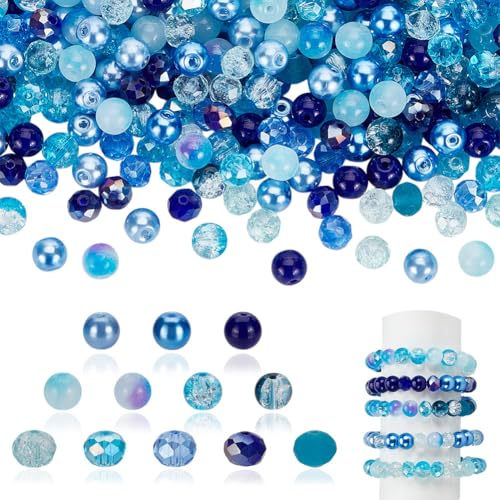 AHANDMAKER 600 Stück blaue Glasperlen, verschiedene blaue Kristallperlen, runde lose Perlen, rissige Glasperlen, facettierte Rondelle, Abstandshalter für Sommer, DIY, Basteln, Armband von AHANDMAKER