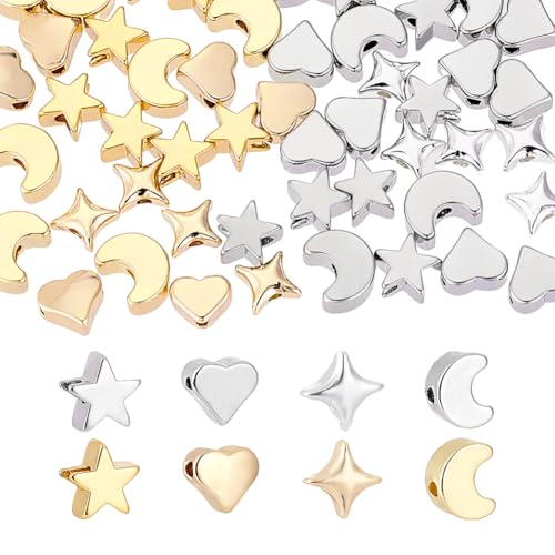 AHANDMAKER 64 Stück 8 Stile Messing Abstandshalter Perlen Mondstern Herzförmige lose Perlen Metall Schmuckperlen für Halsketten, Armbänder, Ohrringe, Schmuckherstellung, Schlüsselanhänger, Zubehör von AHANDMAKER