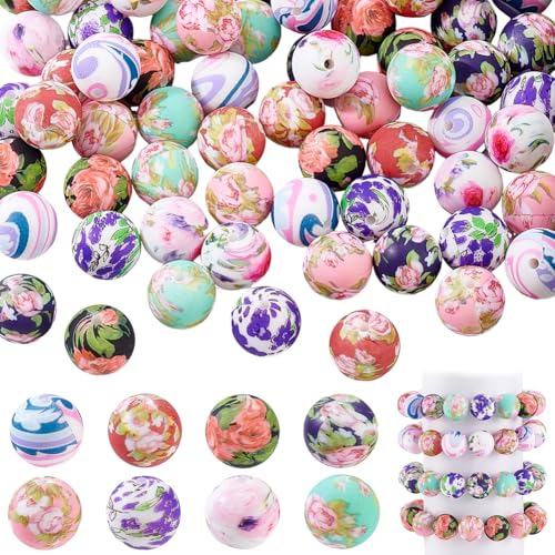 AHANDMAKER 64 Stück Silikonperlen 8 Farben Runde Fokalperlen Lose 15mm Florale Lose Anhänger Für Stifte Schlüsselanhänger Armbänder DIY Schmuckzubehör Loch: 2.5mm von AHANDMAKER