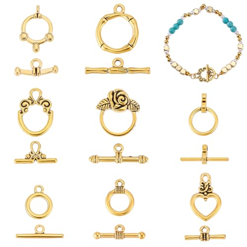 AHANDMAKER 80 Stück 8 Stile Knebelverschlüsse Runde Knebelverschlüsse Antiker Gold OT Schnallenverschluss Runde Verschlüsse Schmuckverbinder Für Die DIY Anhängerherstellung von AHANDMAKER