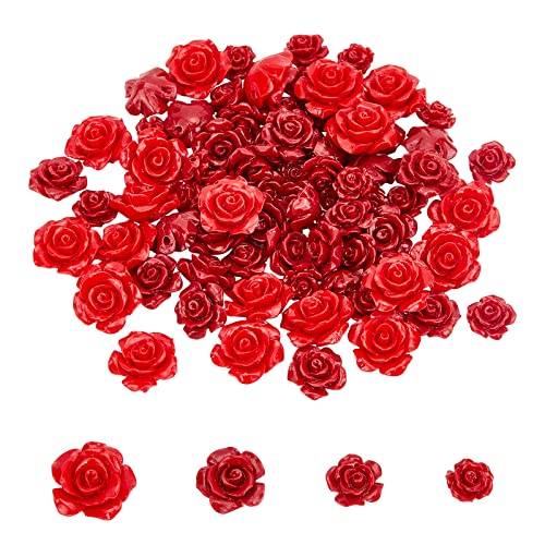 AHANDMAKER 80 Stück Rote Rose Blumen Perlen, 4 Stile Gefärbte synthetische Korallenperlen Blumenschnitzen Charms Lose Perlen für DIY Handwerk Armband Halskette Ohrring Schmuckherstellung Ornament von AHANDMAKER