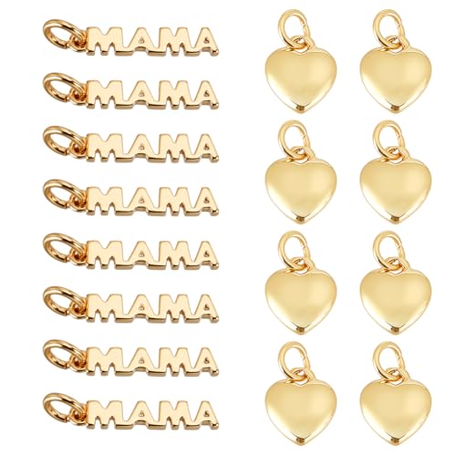 AHANDMAKER Anhänger in Herz- und Mama-Form, 18 Karat vergoldet, 3D-Anhänger mit Sprungring, für Muttertag, Geburtstag, Geschenk, Schmuckherstellung, 16 Stück von AHANDMAKER
