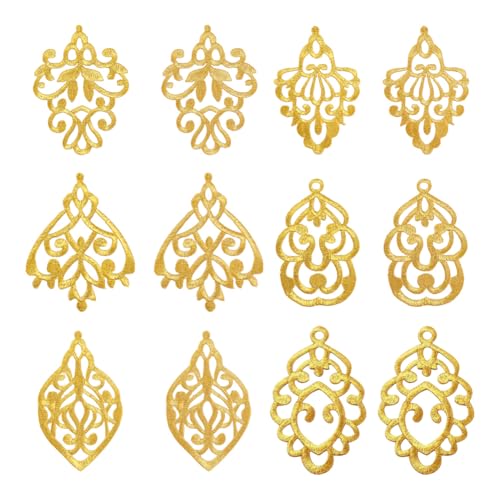 AHANDMAKER Aufnäher Mit Blumen-Applikationen Für Kleidung, Goldfarben, 12 Stück, 6 Stile Polyester Glücksbringer Wolke Stickerei Spitze Applikation, Goldener Blätterkranz-Aufnäher Im Ethno-Stil von AHANDMAKER