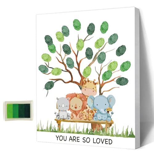 AHANDMAKER Babyparty-Gästebuch, Tiere-Thema, Baby-Geschlecht-Enthüllung, Fingerabdruck-Baum-Leinwand, Personalisiertes Alternatives Gästebuch Mit 4 Stempelkissen, Elefant Löwe Giraffe Nashorn AHANDMAKER Babyparty-Gästebuch, Tiere-Thema, Baby-Geschlecht-Enthüllung, Fingerabdruck-Baum-Leinwand, Personalisiertes Alternatives Gästebuch Mit 4 Stempelkissen, Elefant Löwe Giraffe Nashorn von AHANDMAKER