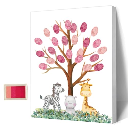 AHANDMAKER Babyparty-Gästebuch, Tiere-Thema, Baby-Geschlecht-Enthüllung, Fingerabdruck-Baum-Leinwand, Personalisiertes Alternatives Gästebuch Mit 4 Stempelkissen, Zebra-Nilpferd-Giraffe von AHANDMAKER