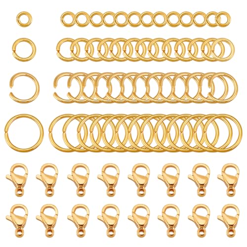 AHANDMAKER Karabinerverschlüsse Mit Offenen Biegeringen 400 Stück 4 Größen Echte 24K Vergoldete Messing/Edelstahl Biegeringe Mit 30 Karabinerverschlüssen Für Diy Schmuck Machen von AHANDMAKER