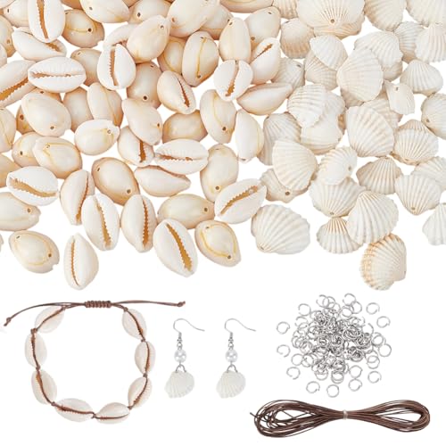 AHANDMAKER Natürliche Kauri Perlen Jakobsmuschel Perlen Mit Loch Inklusive Kordel Und Biegeringe Schmuck Set Mit Muscheln Für Sommer Strand Und Hochzeit Strandparty von AHANDMAKER