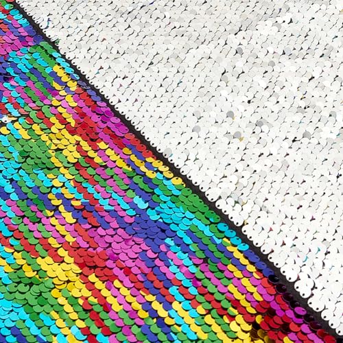 AHANDMAKER Paillettenstoff, 1.6 Yard, Pailletten Zum Basteln, Wendbarer Glitzerstoff, Paillettenstoff, Meterware, Zum Nähen von Kleidung, Hochzeitskleid, Regenbogen von AHANDMAKER