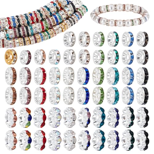 AHANDMAKER Rondelle-Abstandshalter mit kreisförmigen Strasssteinen, 3 Stil, Kristall, glänzend, fokale Legierung, Abstandshalter für Schmuckherstellung und Stiftdekoration, 260 Stück von AHANDMAKER