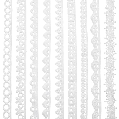 AHANDMAKER Spitzenbesatz Mit 9 Muster 21 Yards Stickerei Blumen/Herz/Ring/Quadratmuster Spitzenband 11~21mm Breit Weißer Stoffbesatz Für Heimwerker Näharbeiten von AHANDMAKER